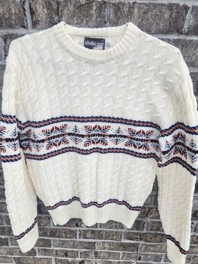 Studio One Cream Cable-Knit Sweater with Navy & Brown Fair Isle